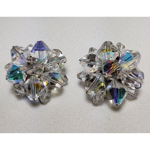 Aurora Borealis Crystal Cluster Clip On Earrings Vintage Mid 1900's - Picture 4 of 9